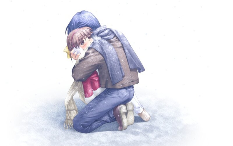 Winter hug between two characters