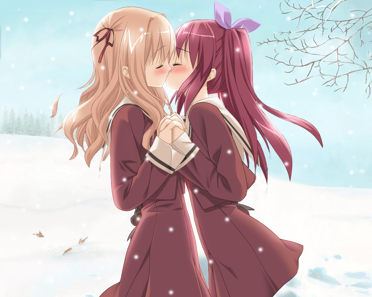 Winter kiss between two girls