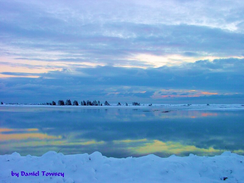 Winter lake at sunset