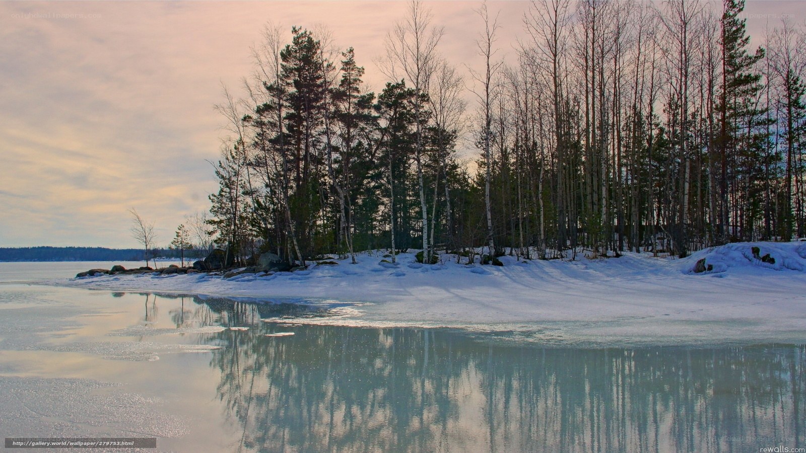 Winter lake at sunset
