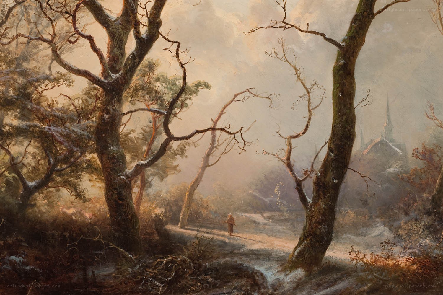 Winter landscape with a traveler