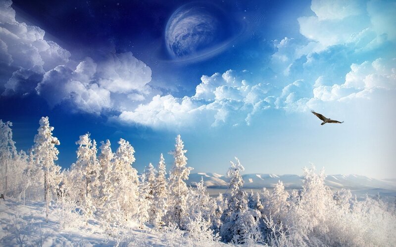Winter landscape with alien planet
