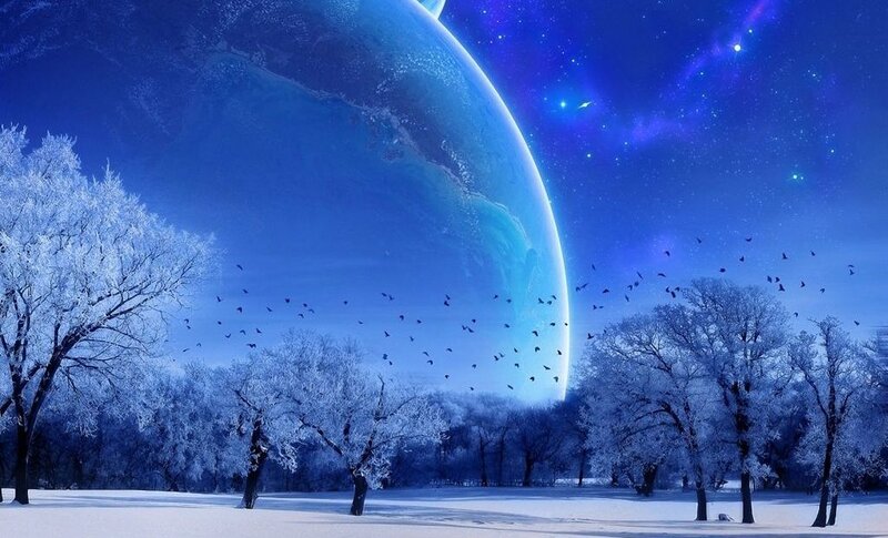 Winter landscape with alien planet
