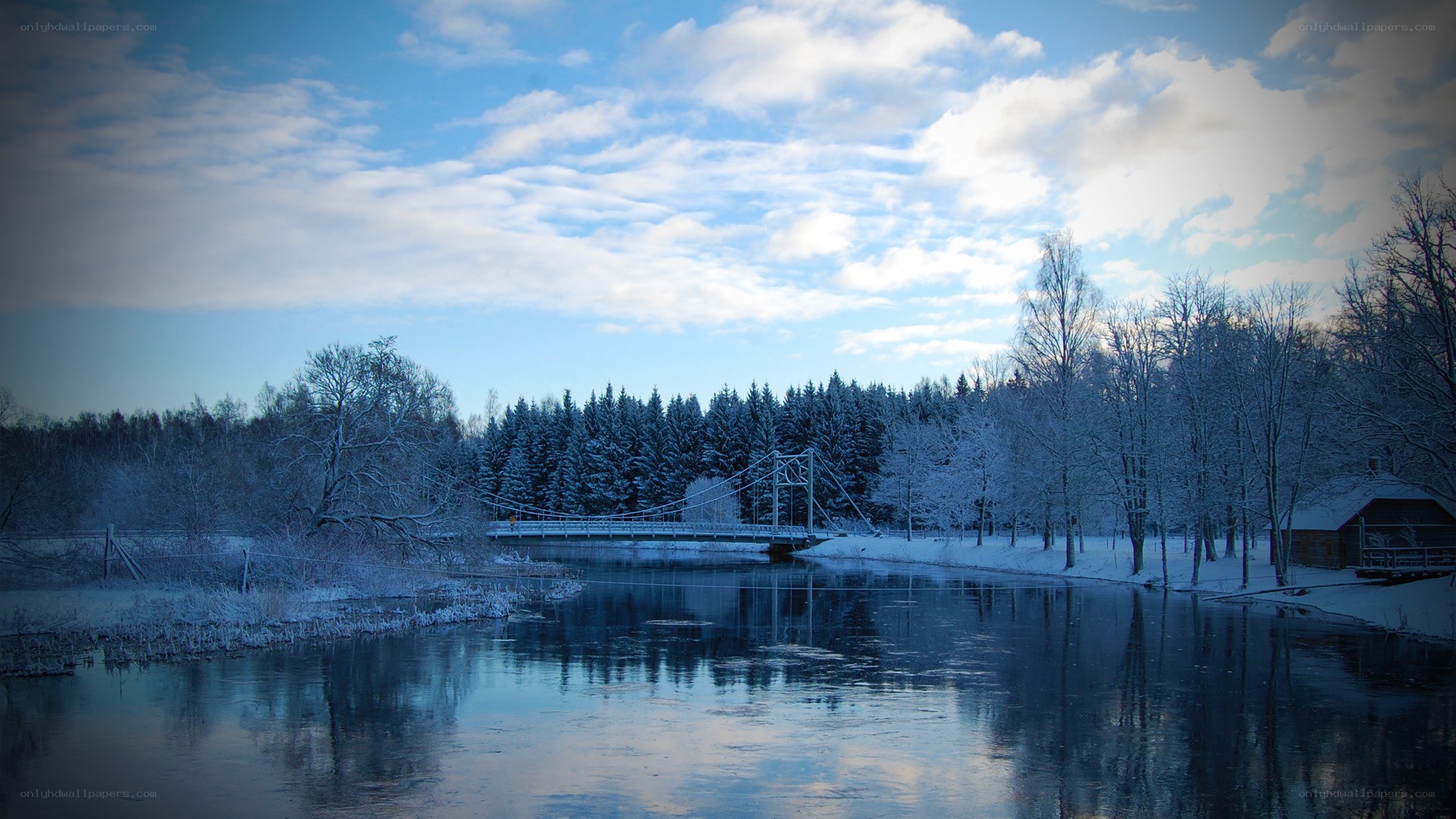 Winter landscape with bridge