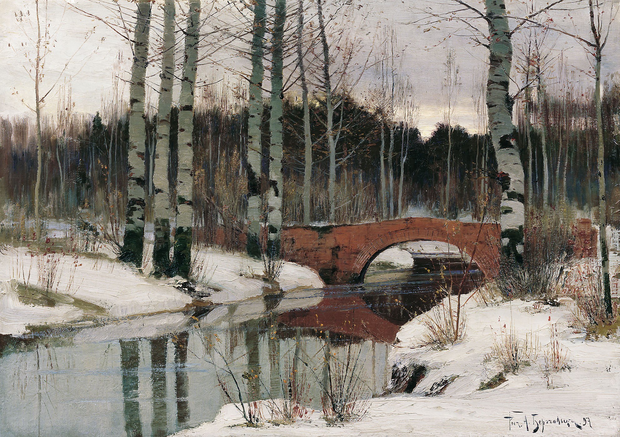 Winter landscape with bridge