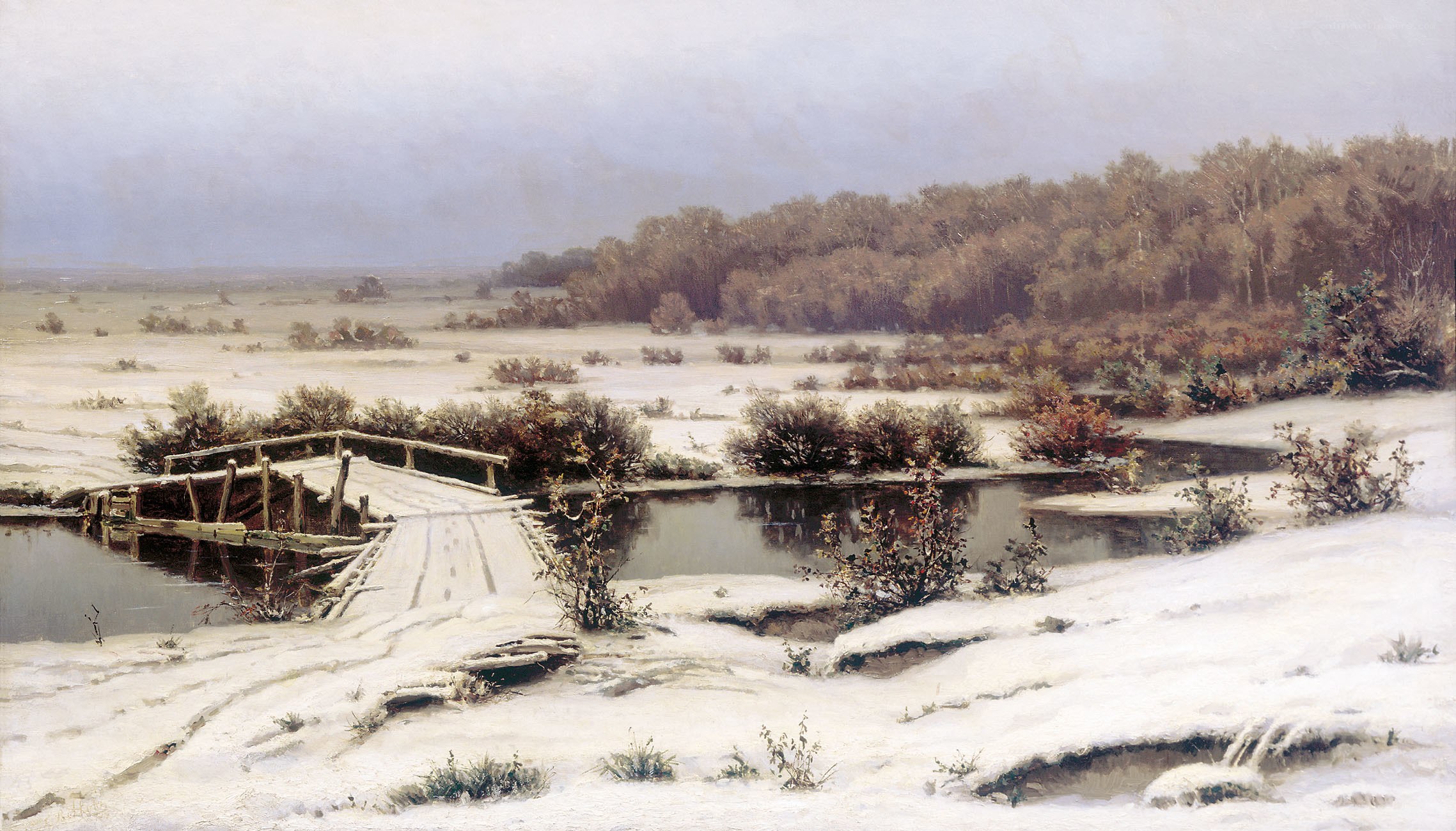 Winter landscape with bridge