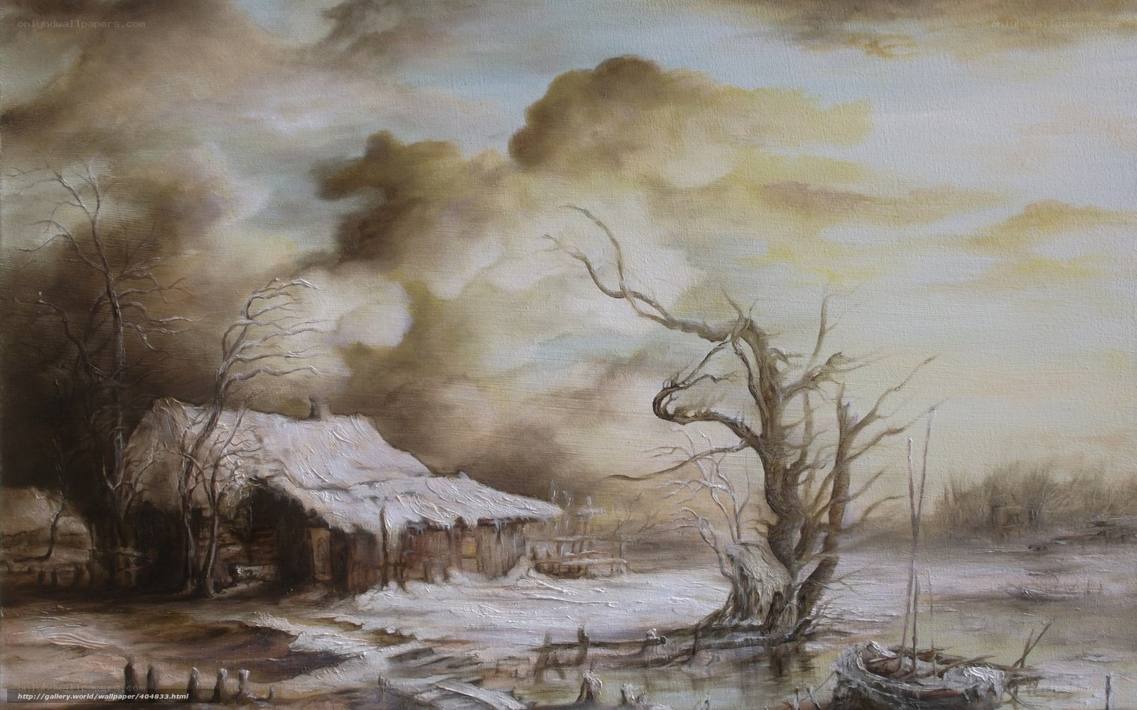 Winter landscape with cabin