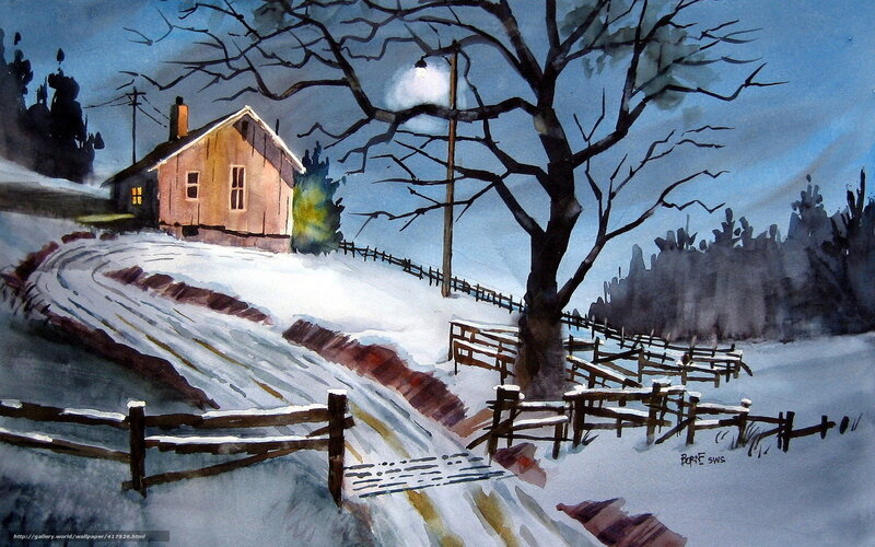 Winter landscape with cabin