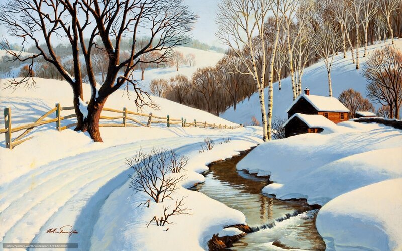 Winter landscape with cabin