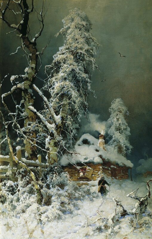 Winter landscape with cabin