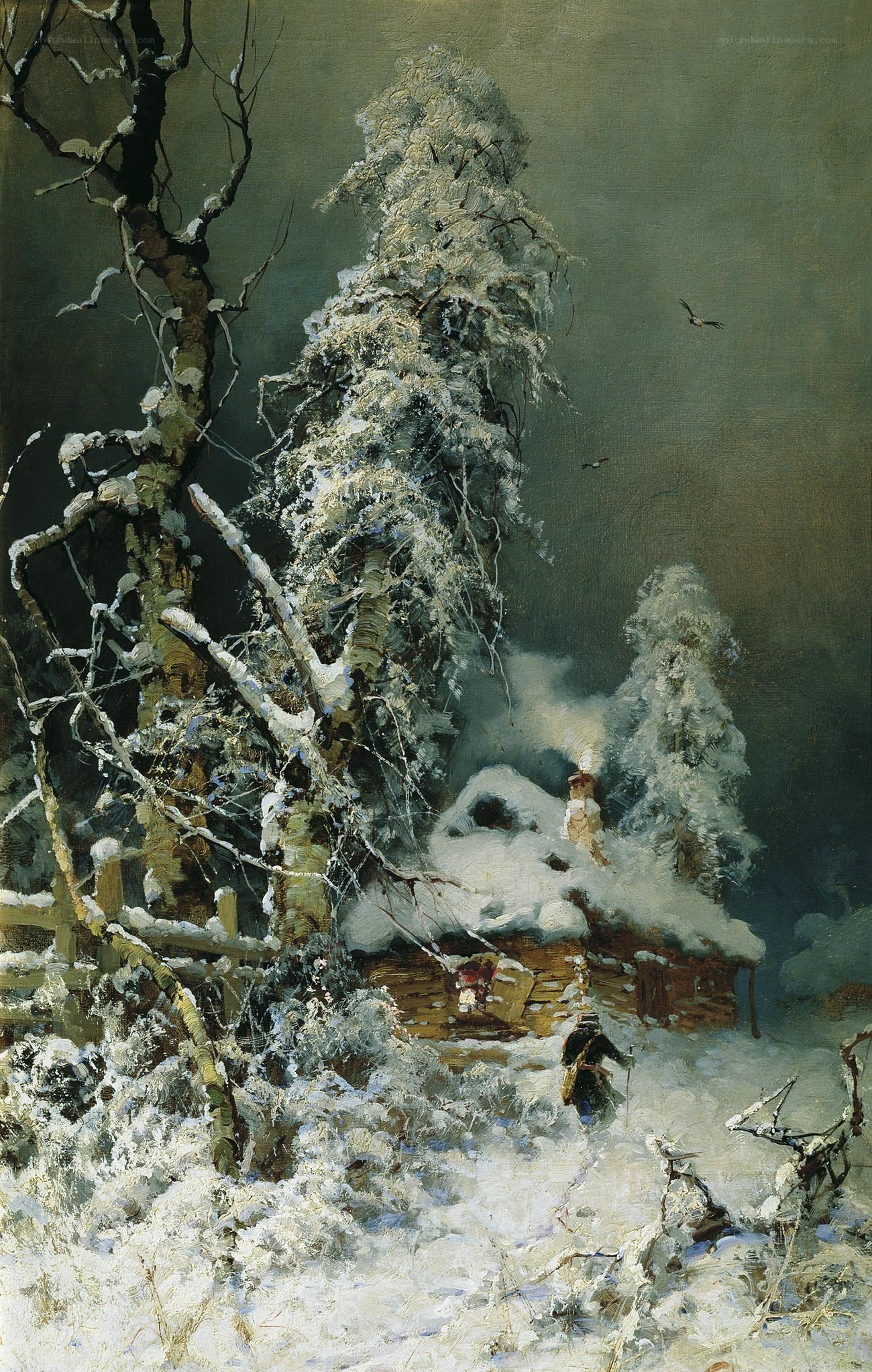 Winter landscape with cabin