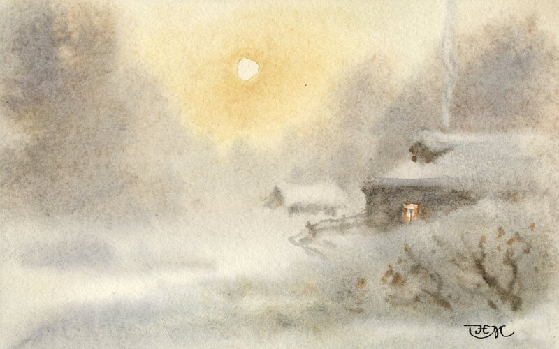 Winter landscape with cabin