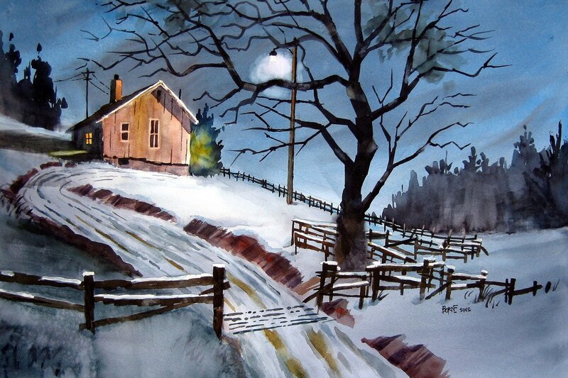 Winter landscape with cabin