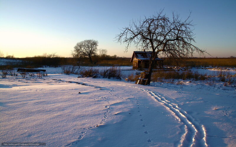 Winter landscape with cabin