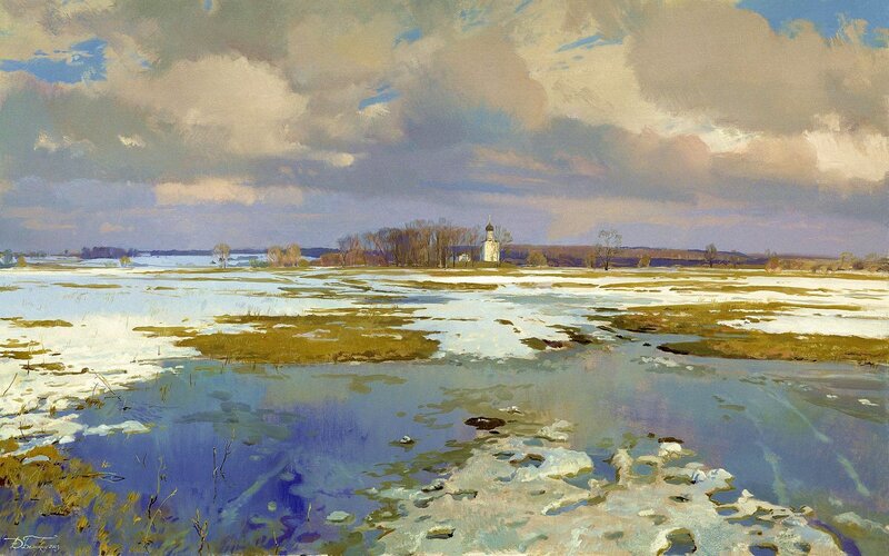 Winter landscape with church