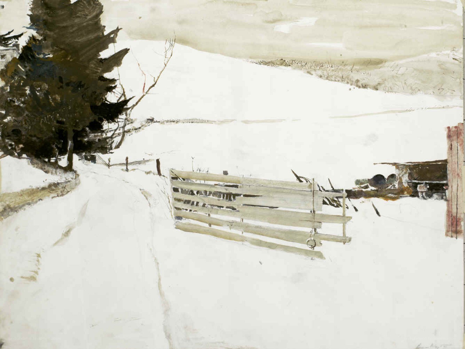 Winter landscape with fence