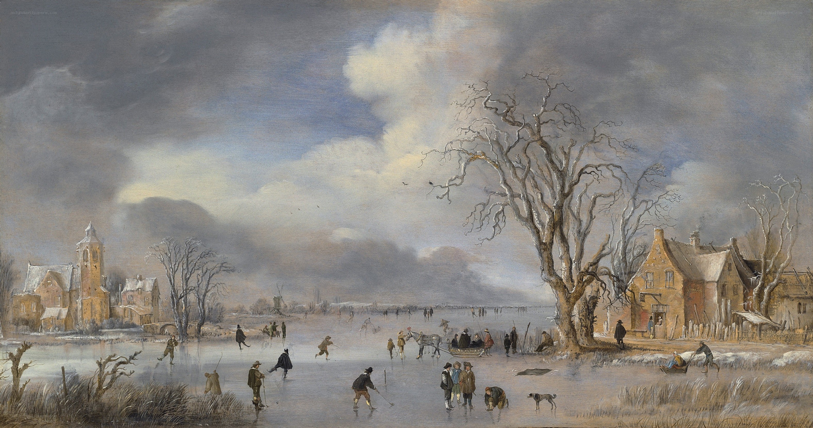 Winter landscape with ice skaters