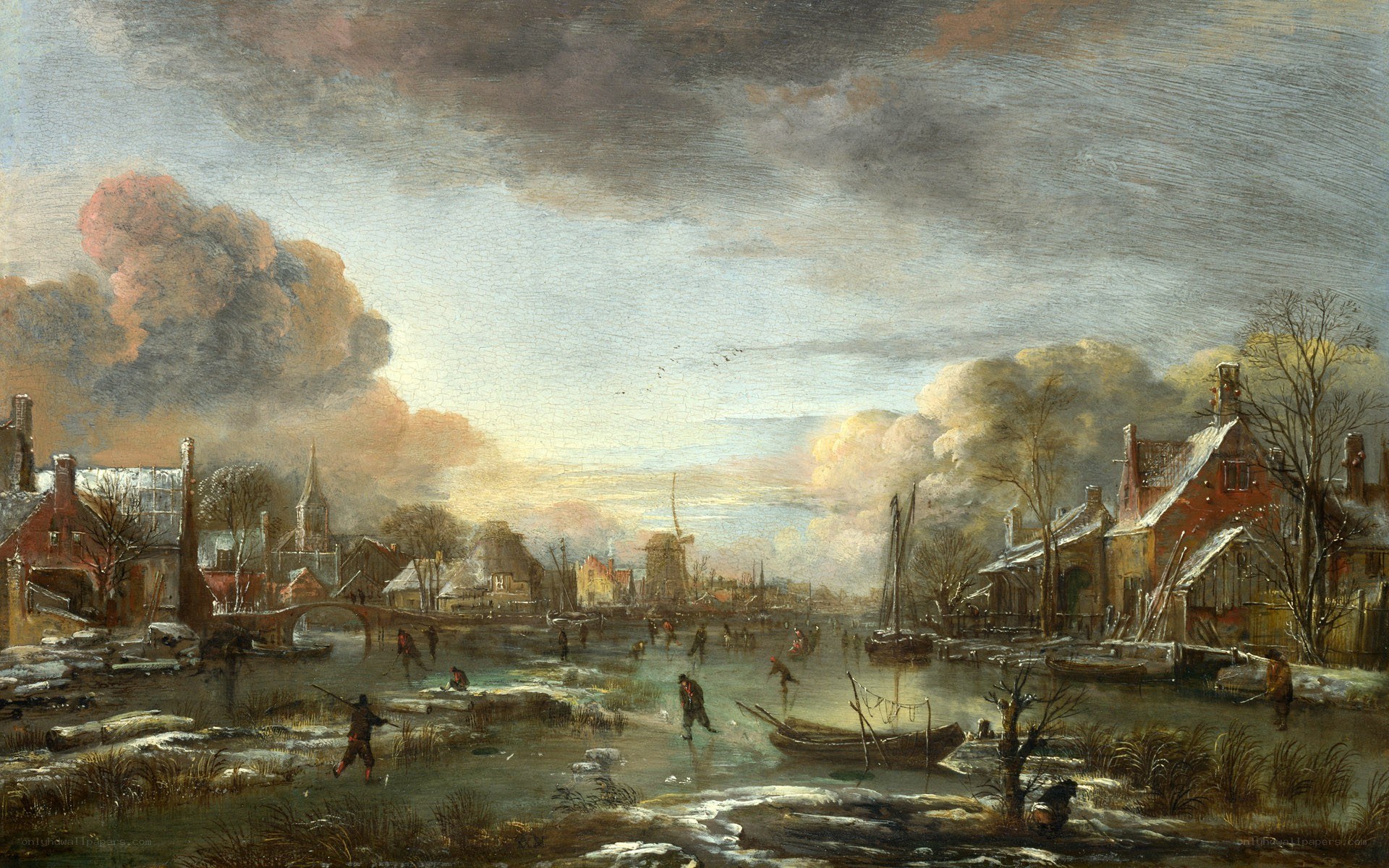 Winter landscape with ice skaters
