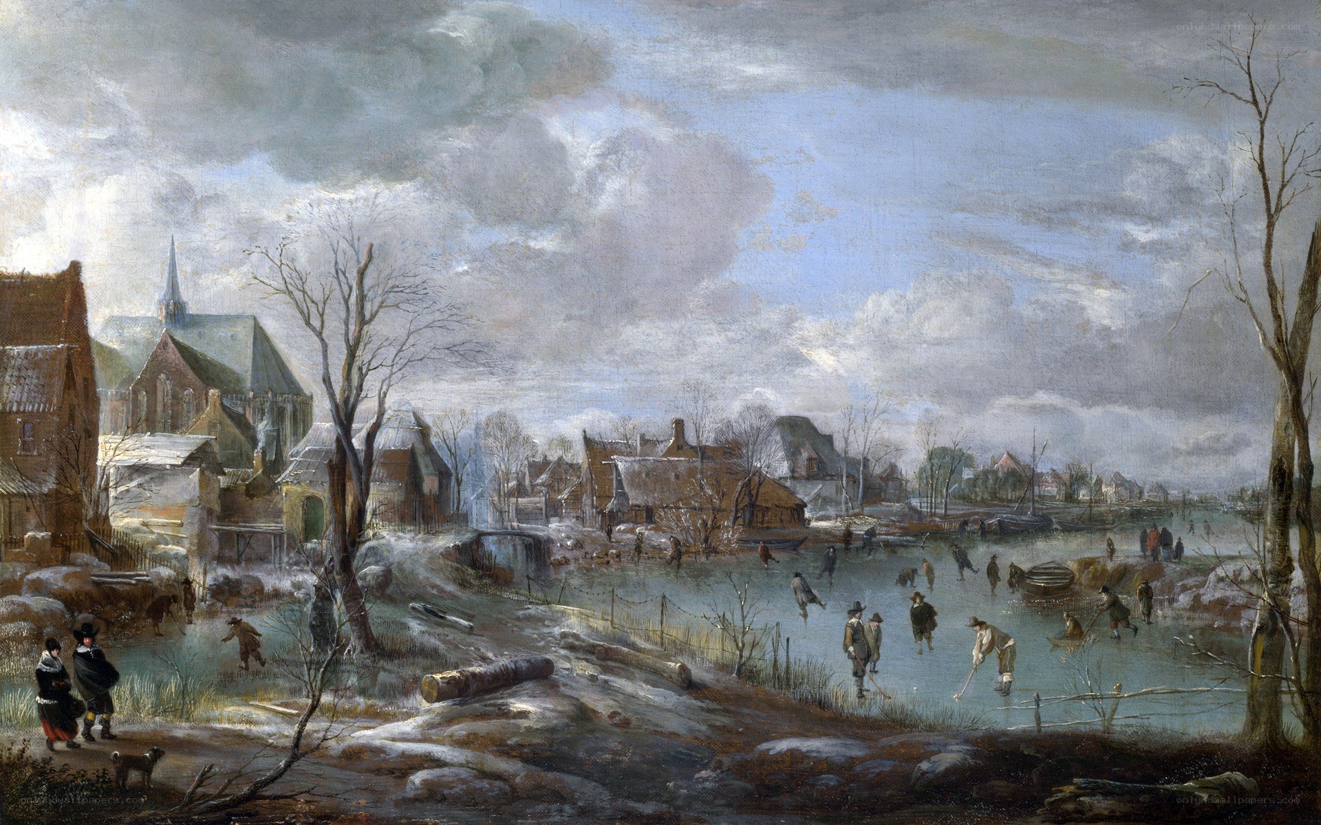 Winter landscape with ice skaters