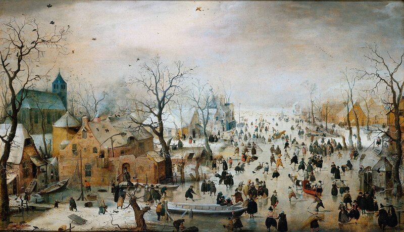 Winter landscape with ice skaters