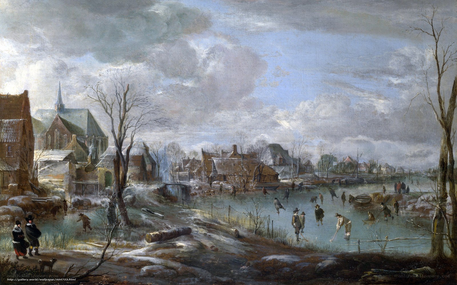 Winter landscape with ice skaters