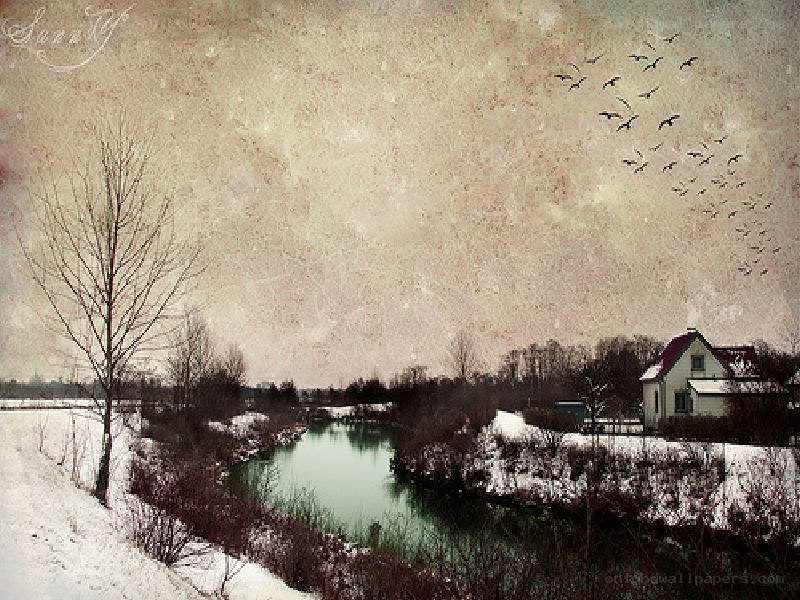 Winter landscape with river and house
