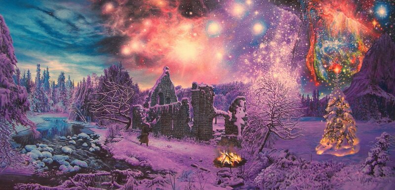 Winter landscape with ruins and starry sky