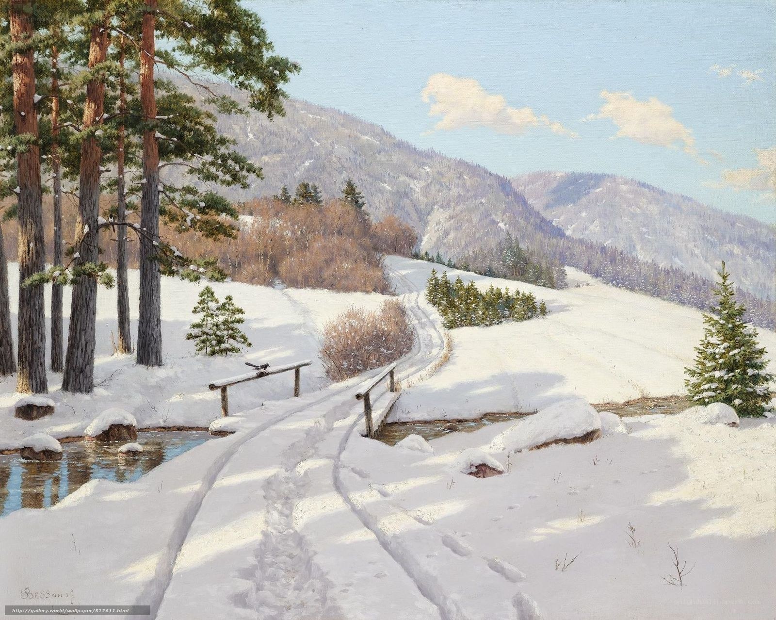 Winter landscape with snowy path