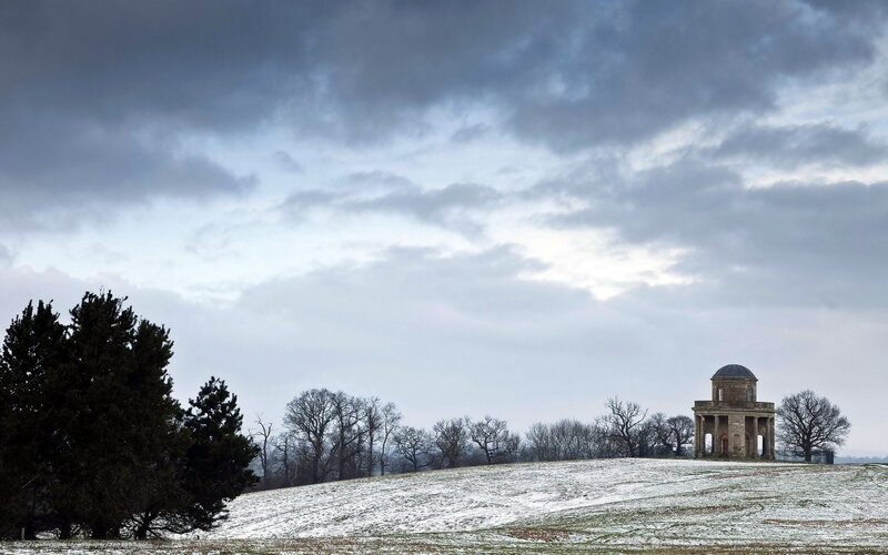 Winter landscape with temple