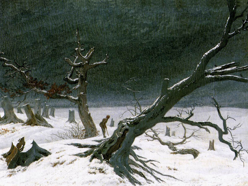 Winter landscape with traveler