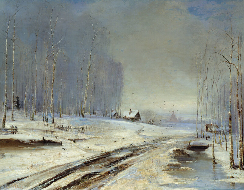 Winter landscape with village