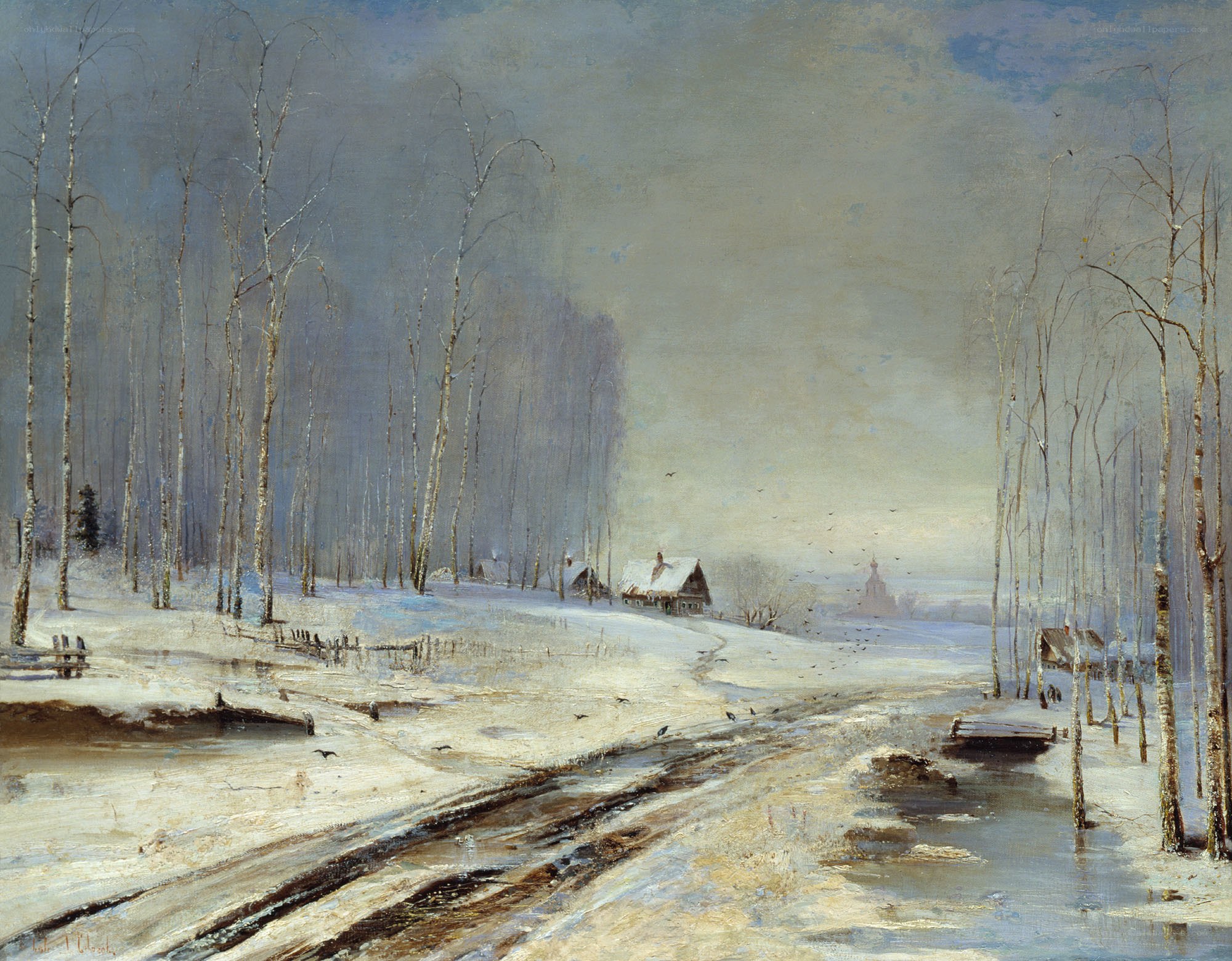 Winter landscape with village