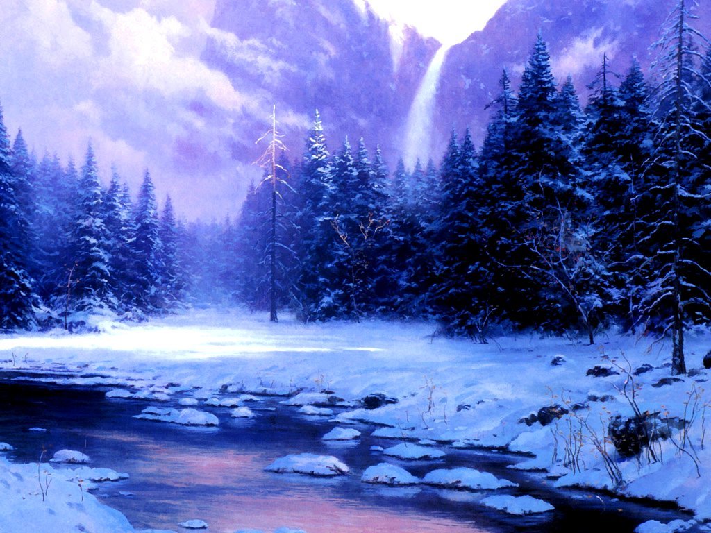 Winter landscape with waterfall