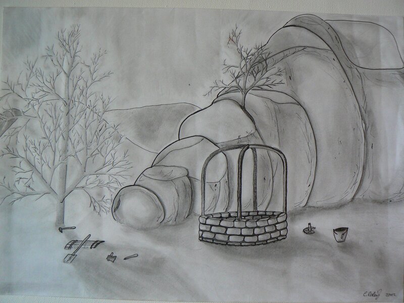 Winter landscape with well