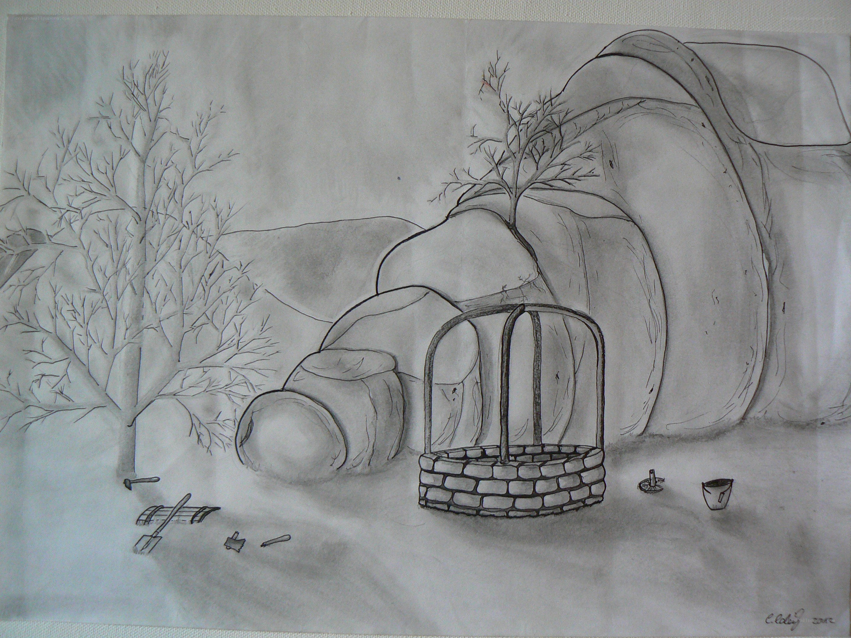 Winter landscape with well