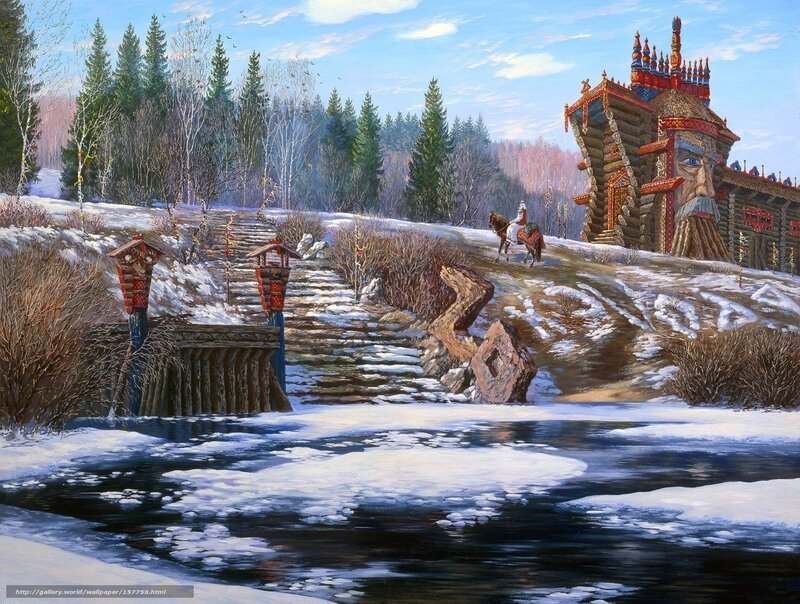 Winter landscape with wooden house