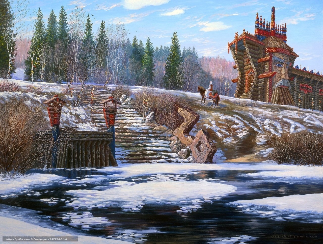 Winter landscape with wooden house