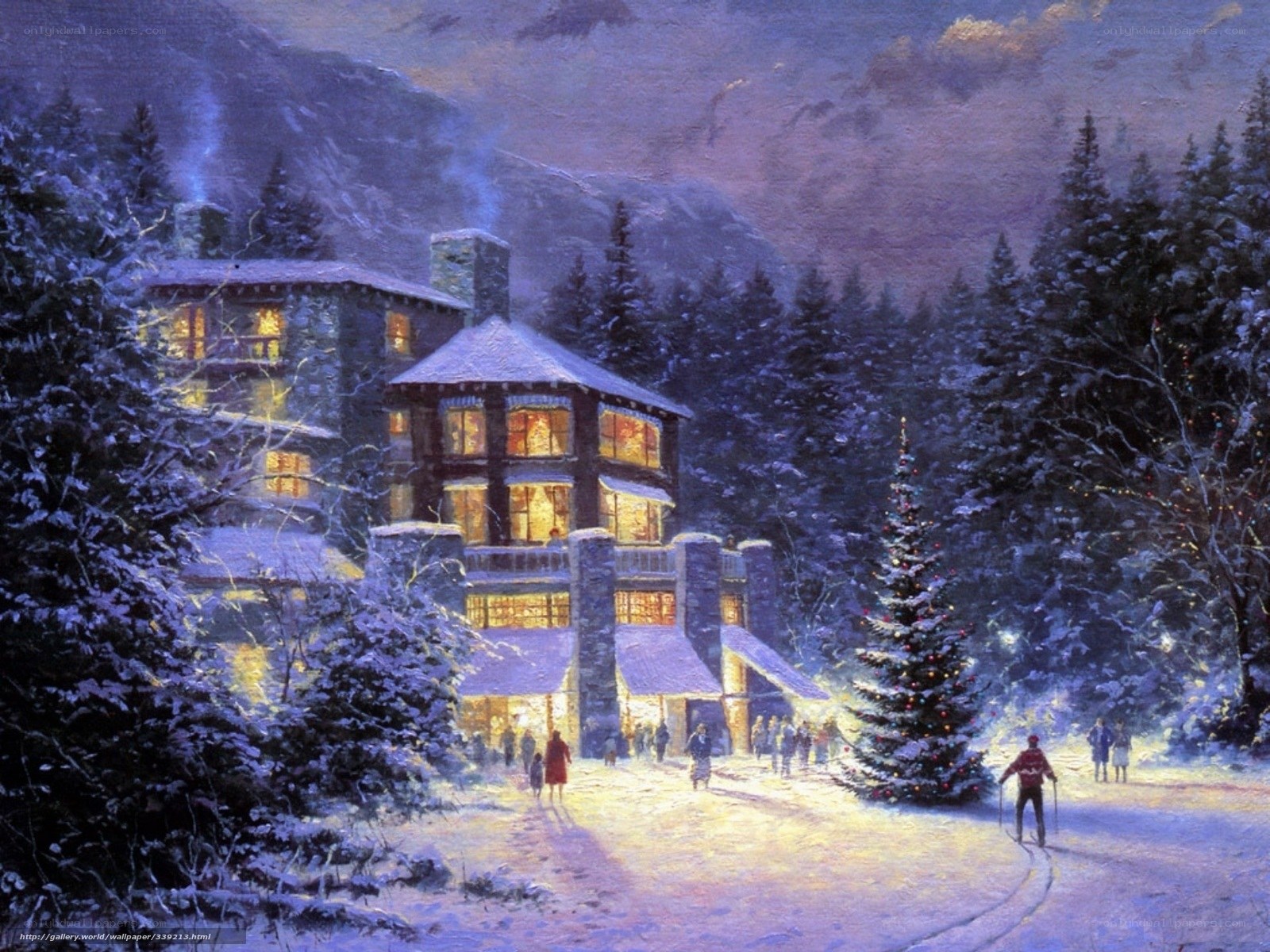 Winter lodge at dusk