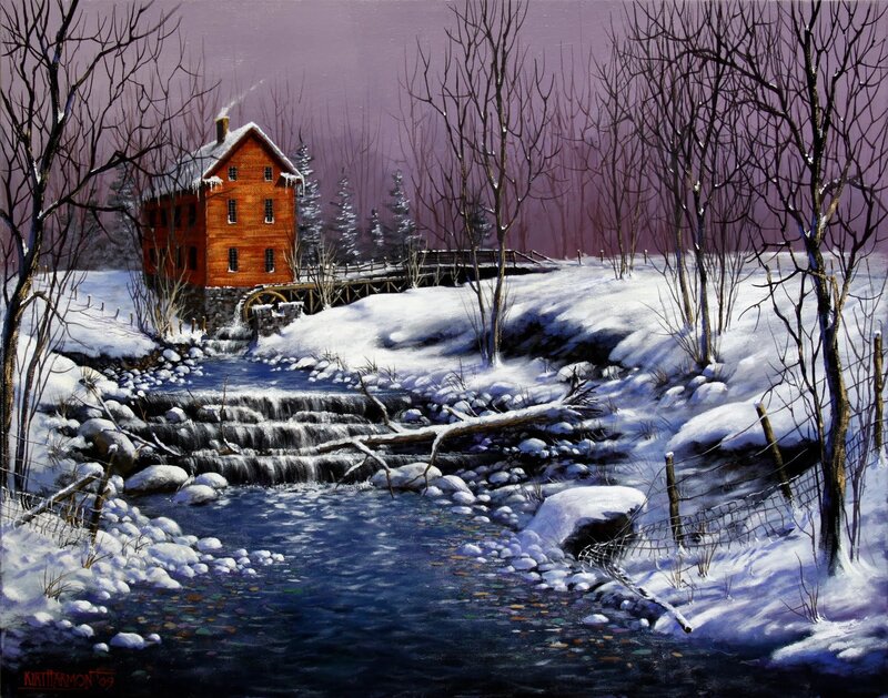 Winter Mill by a Stream