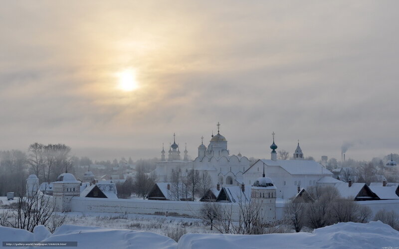 Winter monastery at sunrise
