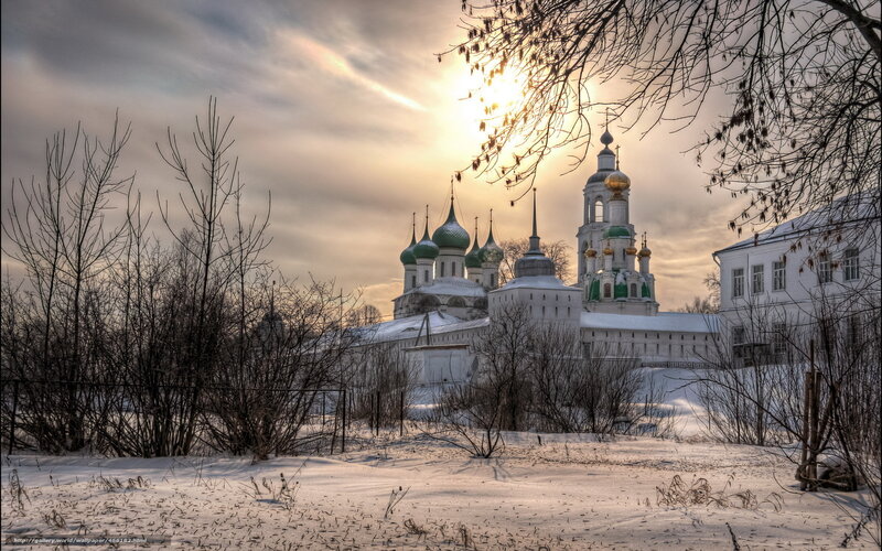 Winter monastery at sunset