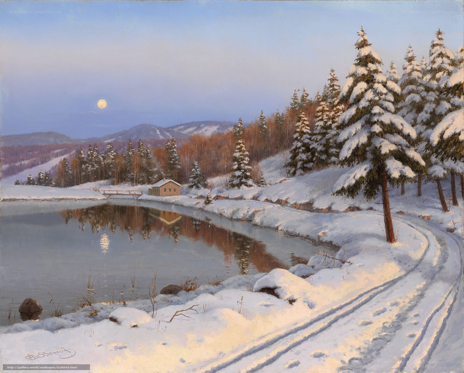 Winter Moon Over a Snowy Lake
