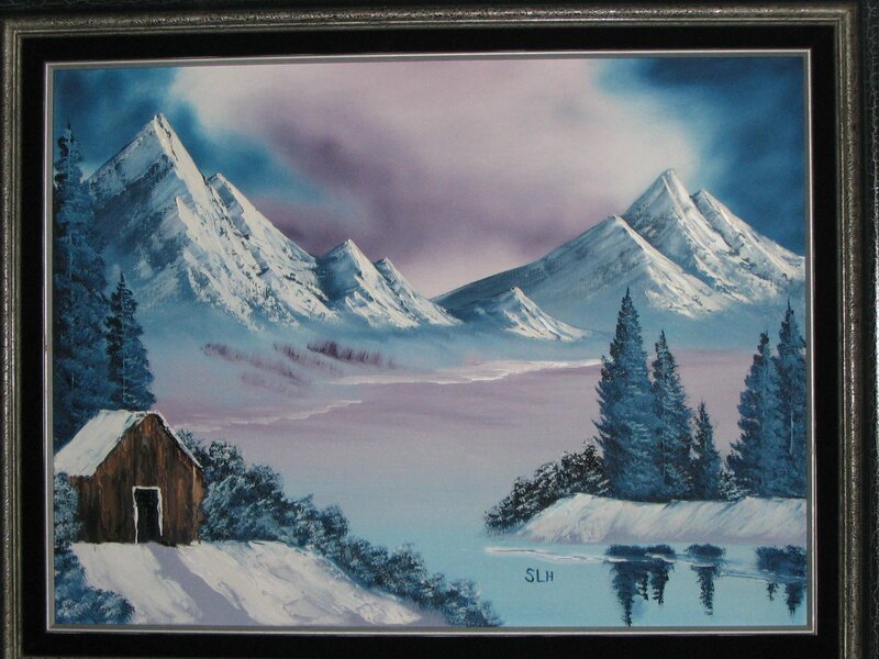 Winter mountain cabin scene