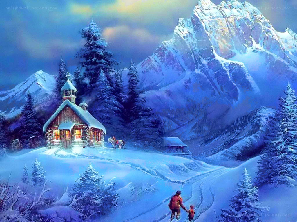 Winter mountain cabin scene