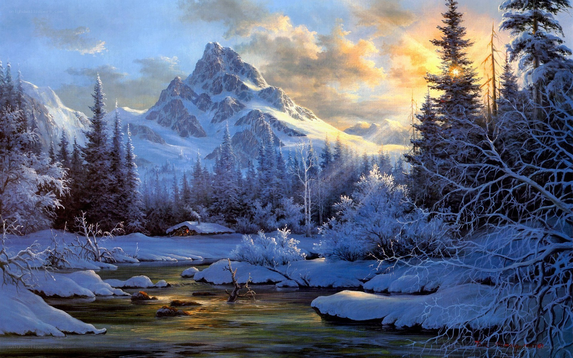 Winter mountain landscape at sunrise