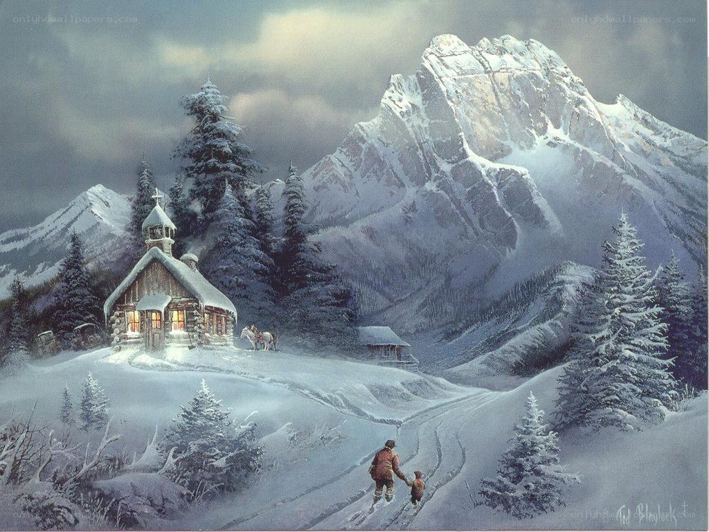 Winter mountain village scene