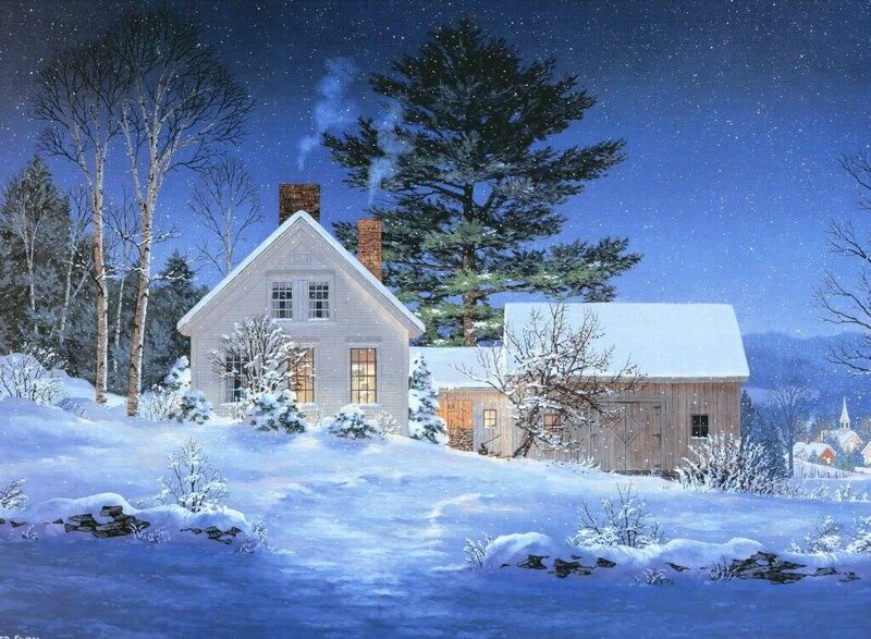Winter night at a snowy farmhouse