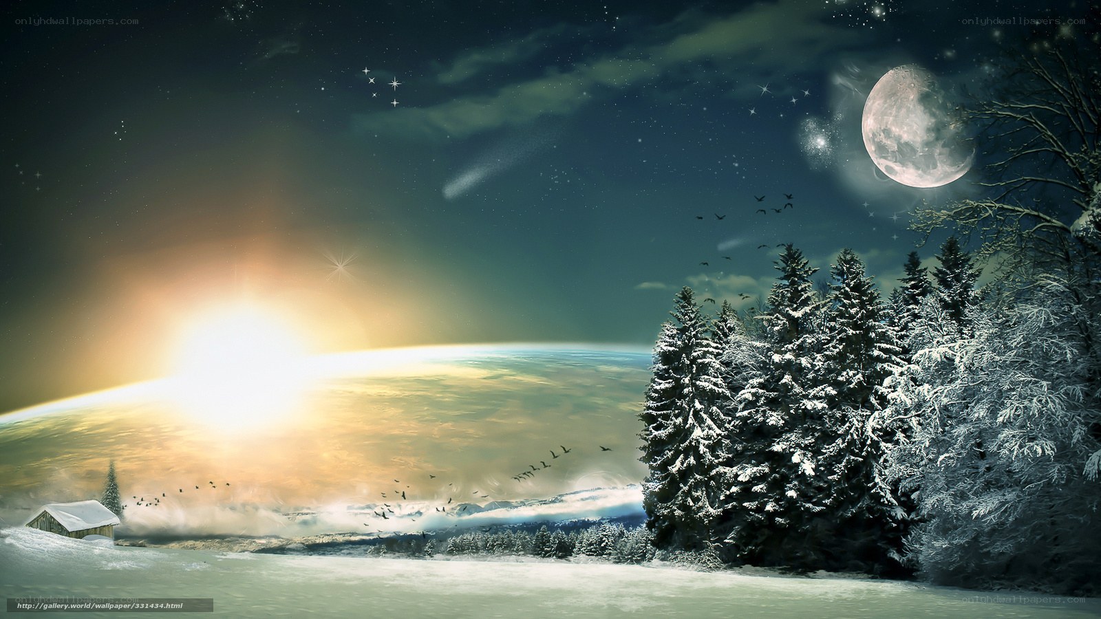 Winter night with moon and stars