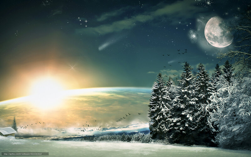 Winter night with moon and stars