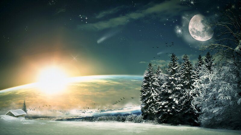 Winter night with moon and stars